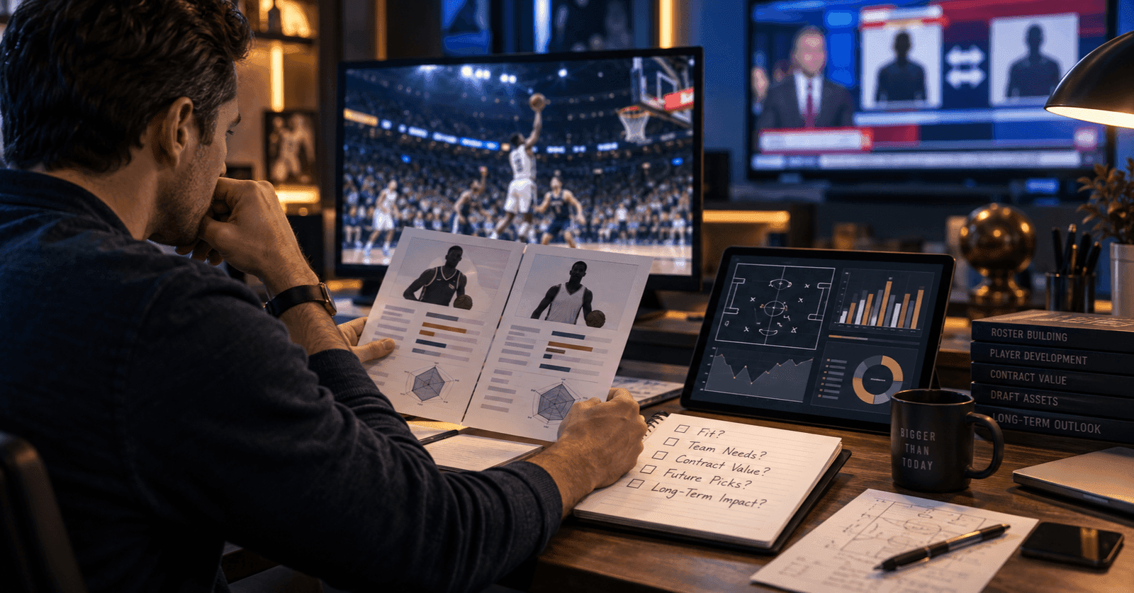 Major sports trade analysis with players, draft picks, contracts, and roster fit