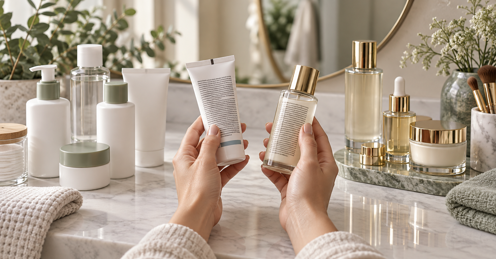 Drugstore versus luxury skincare comparison with product labels and packaging