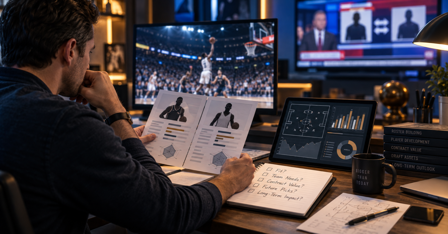 Major sports trade analysis with players, draft picks, contracts, and roster fit