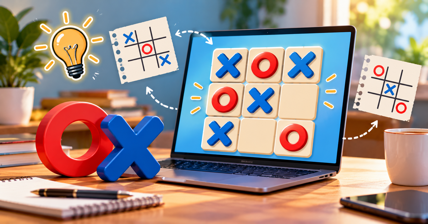 Tic tac toe online board with X and O marks for beginners