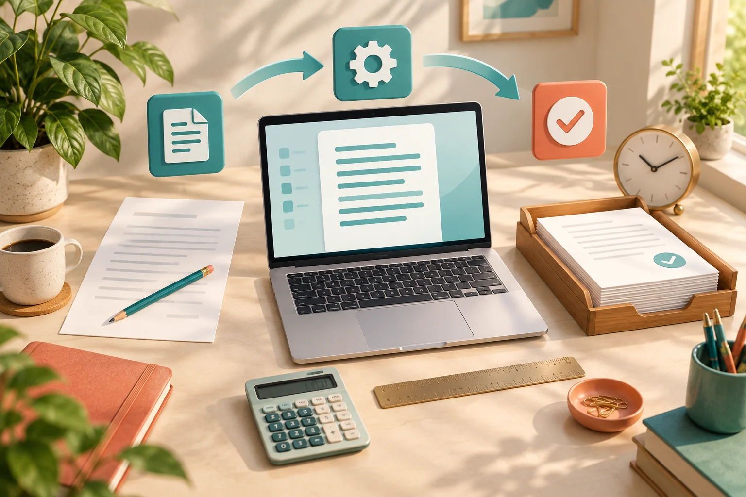 AI-generated illustration of a laptop and desk tools with document, processing and completion icons showing an everyday digital workflow